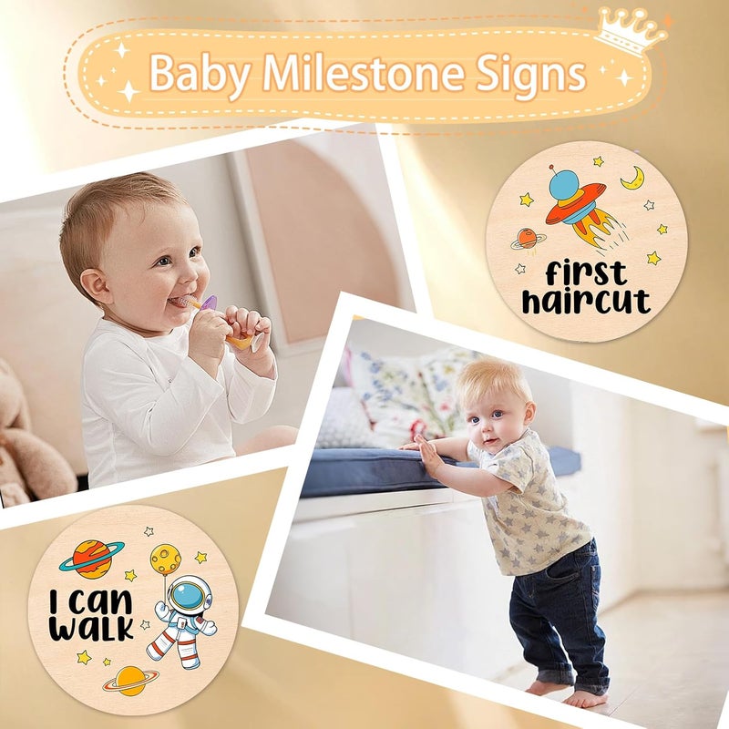 MCIAONE Baby Milestone Cards - Space Adventure Baby Monthly Milestone Signs, Rocket & Planet Wooden Signs Discs for Photo Props, "Hello" Newborn Announcement Sign with Astronaut,Baby Shower/Gift Set(13pcs) - Image 2